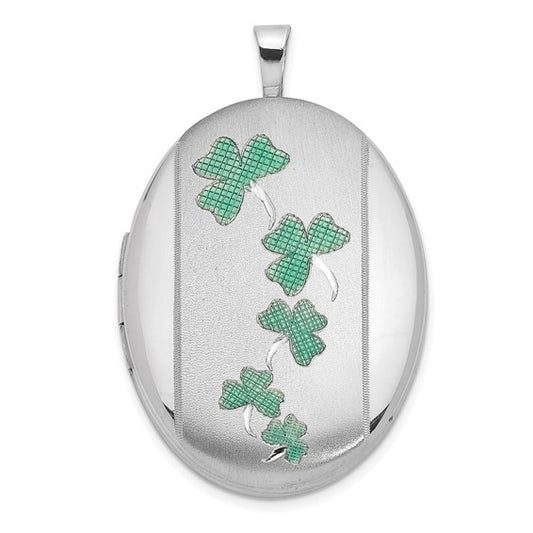 Sterling Silver Rhodium-plated Satin Enameled Clovers 26x20mm Oval Locket