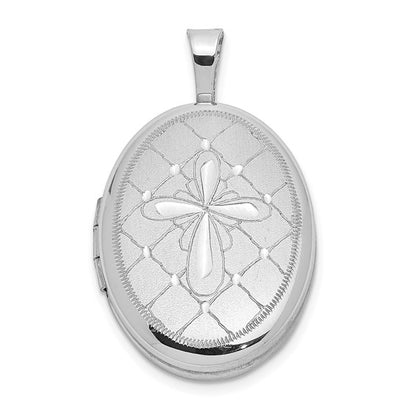 Sterling Silver Rhodium-plated Satin D/C Cross 19x15mm Oval Locket