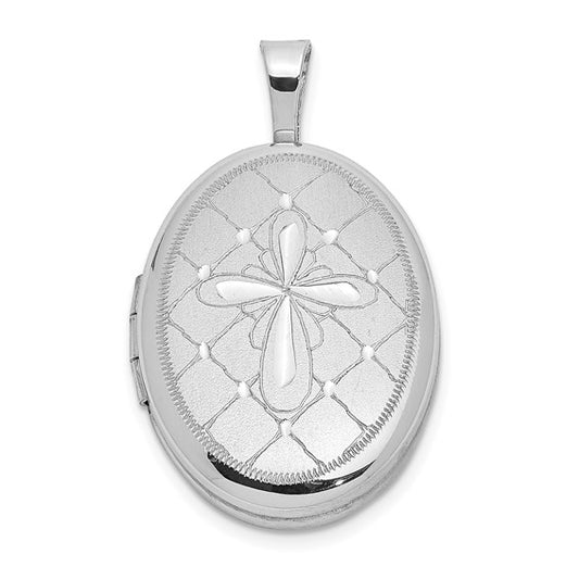 Sterling Silver Rhodium-plated Satin D/C Cross 19x15mm Oval Locket