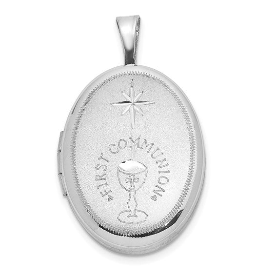 Sterling Silver Rhodium-plated D/C First Communion 19x15mm Oval Locket