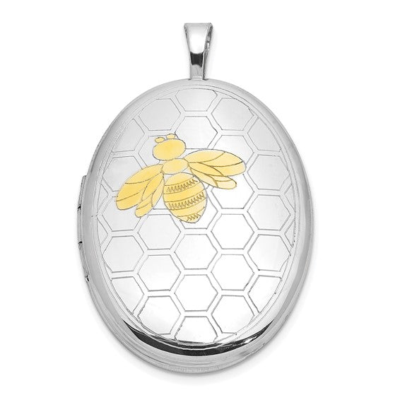 Sterling Silver RH-plated Gold-tone Bee and Honeycomb 26x20mm Oval Locket