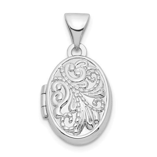 Sterling Silver Rhodium-plated Swirl Design 14mm Oval Locket