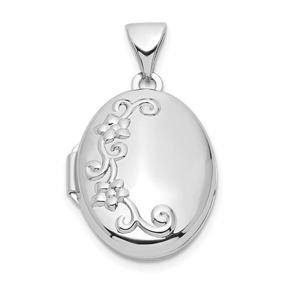 Sterling Silver Rhodium-plated Floral 17mm Oval Locket