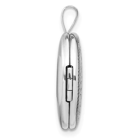 Sterling Silver Rhodium-plated Polished Scroll Design 19x15mm Oval Locket
