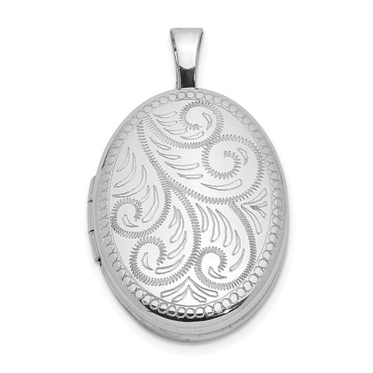 Sterling Silver Rhodium-plated Polished Scroll Design 19x15mm Oval Locket