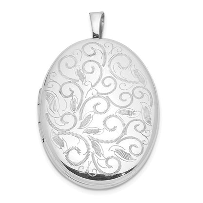 Sterling Silver Rhodium-plated Scroll Design 26x20mm Oval Locket