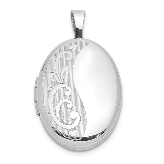 Sterling Silver Rhodium-plated Side Scroll Design 19x15mm Oval Locket