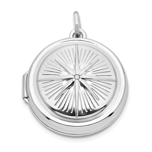 Sterling Silver Rhodium-plated CZ Compass 20mm Round Locket