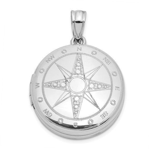 Sterling Silver Rhodium-plated Polished Compass Rose 20mm Round Locket