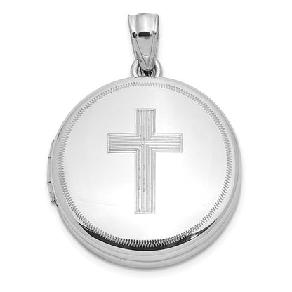 Sterling Silver Rhodium-plated Polished Cross 20mm Round Locket