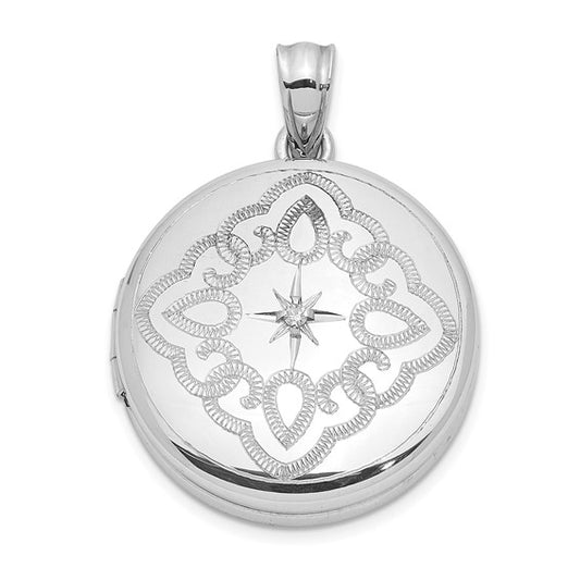 Sterling Silver Rhodium-plated Lace Design Diamond 20mm Round Locket