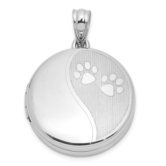 Sterling Silver Rhodium-plated Polished Paw Prints 20mm Round Locket