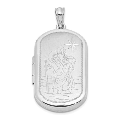 Sterling Silver RH-plated Satin St. Christopher 30x19mm Rectangle Locket