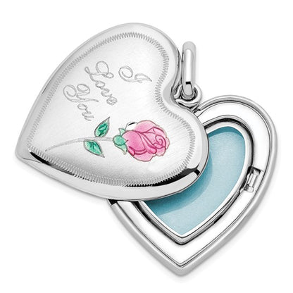 Sterling Silver Rhod-plated 24mm Enamel Rose I LOVE YOU Swing Locket