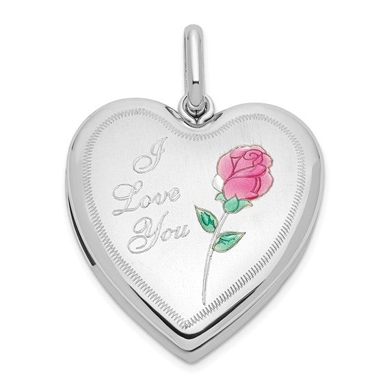 Sterling Silver Rhod-plated 24mm Enamel Rose I LOVE YOU Swing Locket