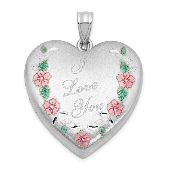 Sterling Silver Rh-plated Satin Epoxy I Love You Floral 24mm Heart Locket