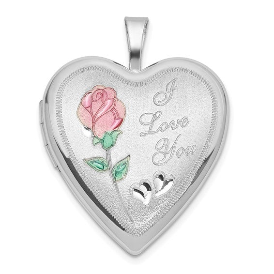 Sterling Silver RH-plate Polish/Satin Epoxy 20mm I Love You Heart Locket