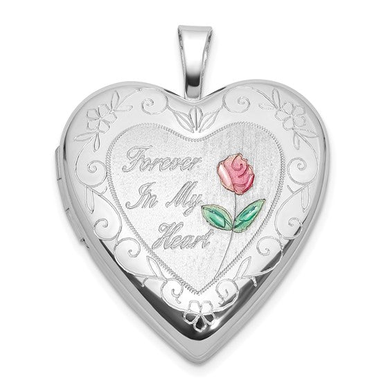 Sterling Silver Rh-plated Epoxy 20mm Forever In My Heart Rose Locket