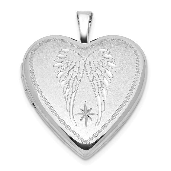 Sterling Silver RH-plated Satin/Polished Angel Wings 20mm Heart Locket