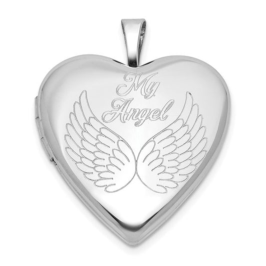 Sterling Silver Rhodium-plated MY ANGEL Angel Wings 20mm Heart Locket