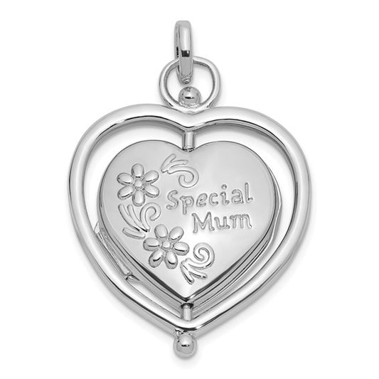 SS Rhodium-plated Floral Special Mom Reversible/Moveable Heart Locket