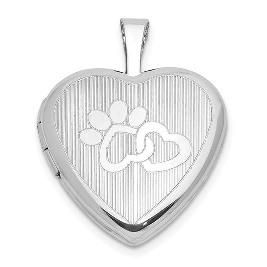 Sterling Silver Rhodium-plated Paw Prints with Heart 16mm Heart Locket