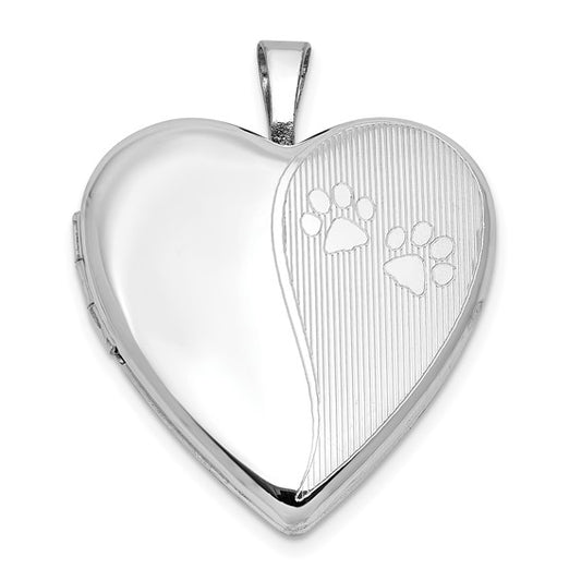 Sterling Silver Rhodium-plated Polished Paw Prints 20mm Heart Locket