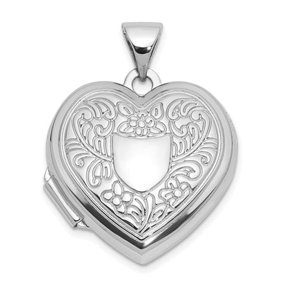 Sterling Silver Rh-pltd Polished Floral Border/ Crest 18mm Heart Locket