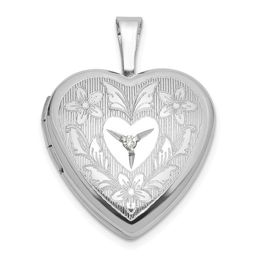 Sterling Silver Rhodium-plated Diamond 16mm Floral Heart Locket