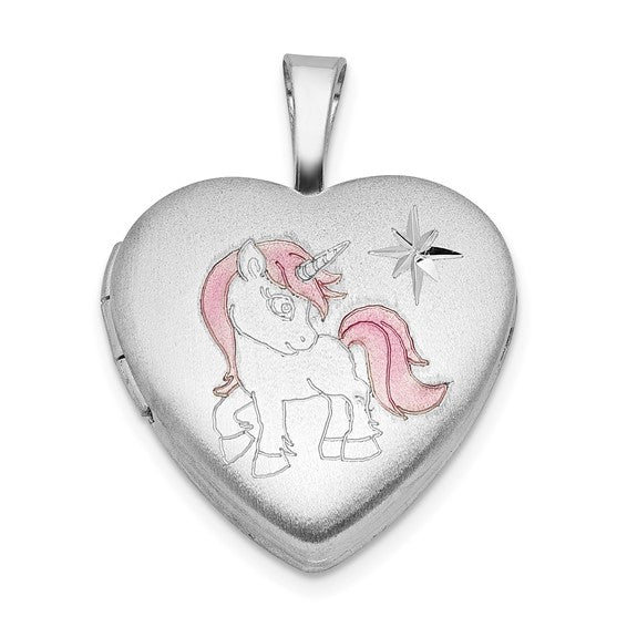 Sterling Silver RH-plated Epoxy Satin Polished Unicorn 16mm Heart Locket