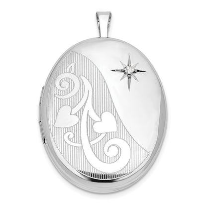 Sterling Silver RH-plated .05ct Diamond Heart Design 26mm Oval Locket