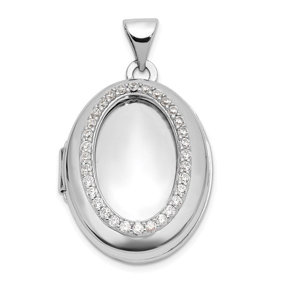 Sterling Silver Rhodium-plated Polished CZ 21x16mm Oval Locket