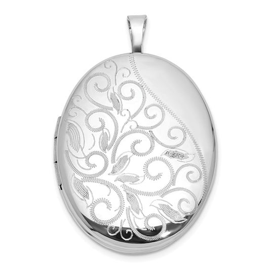 Sterling Silver Rhodium-plated Polished Filigree 26mm Oval Locket