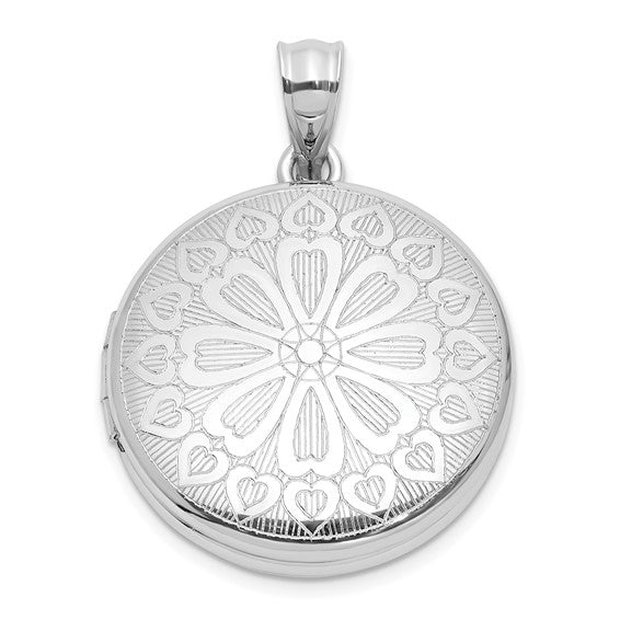Sterling Silver Rhodium-plated 20mm Floral Heart Filigree Round Locket