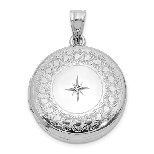 Sterling Silver Rh-plated Diamond Star 20mm Circular Border Round Locket