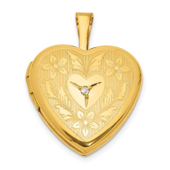 1/20 Gold Filled Polished and Textured Diamond 16mm Floral Heart Locket