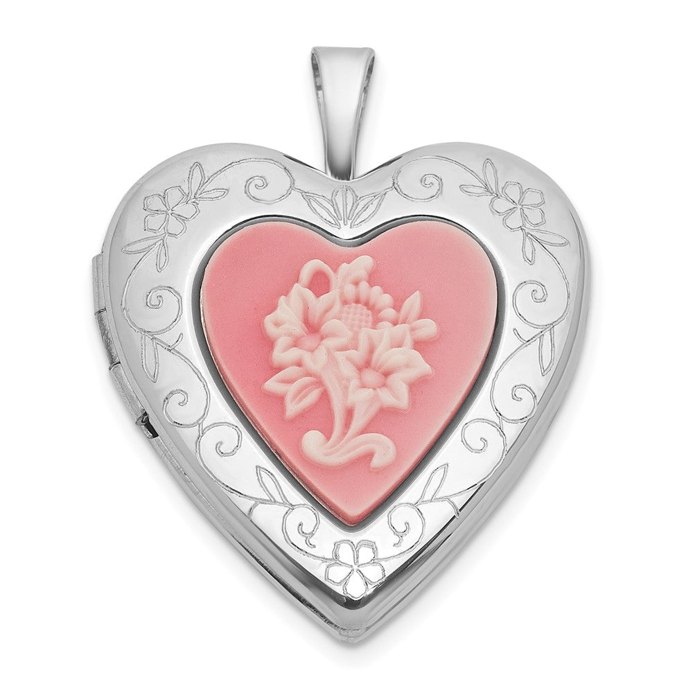SS RH-pl Brushed And Polished Pink Flowers Resin Cameo 20mm Heart Locket