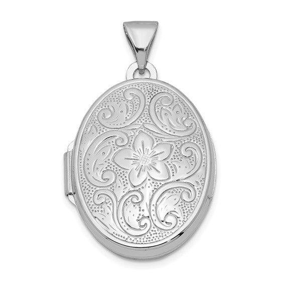 Sterling Silver Rhodium-plated Oval Floral Locket