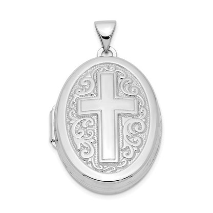 Sterling Silver Rhodium-plated Oval Cross Locket