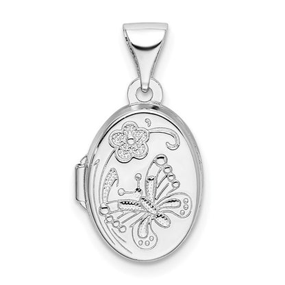 Sterling Silver Rhodium-plated Floral Butterfly Oval Locket