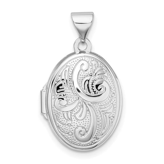 Sterling Silver Rhodium-plated Scroll Design Oval Locket