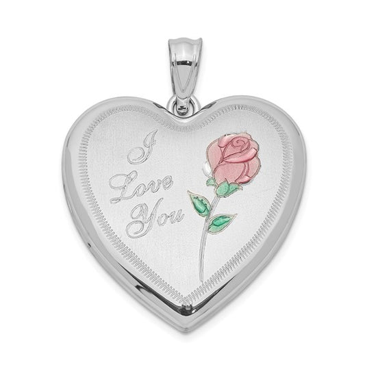 Sterling Silver Rhodium-plated 24mm Enameled Rose Heart Locket