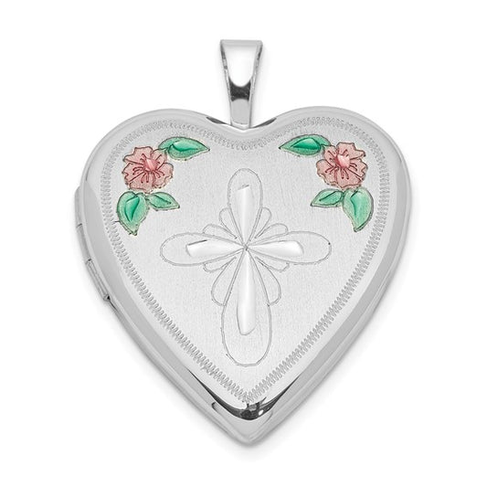 Sterling Silver Rhodium-plated 20mm Enameled Flower and Cross Heart Locket