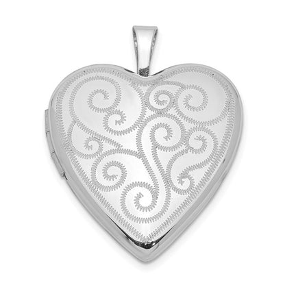 Sterling Silver Rhodium-plated 20mm Swirl Design Heart Locket