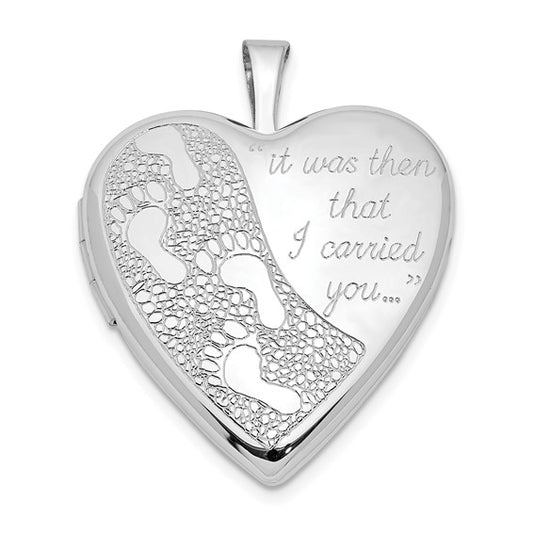 Sterling Silver Rhodium-plated 20mm Footprints Heart Locket