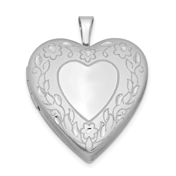 Sterling Silver Rhodium-plated 20mm Floral Border Heart Locket