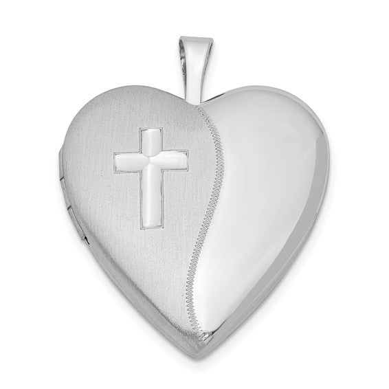Sterling Silver Rhodium-plated 20mm Satin/Polished Cross Heart Locket