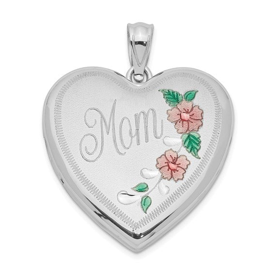 Sterling Silver Rhodium-plated 24mm Enameled Floral Mom Heart Locket