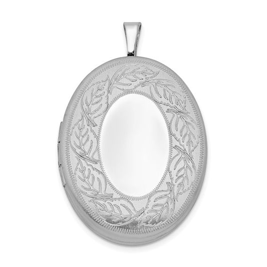 Sterling Silver Rhodium-plated 26mm Leaf Border Oval Locket