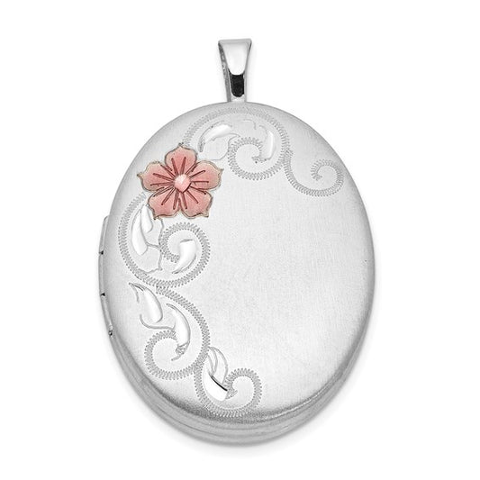 Sterling Silver Rhod-plated 26mm Satin Enameled Flower Scroll Oval Locket